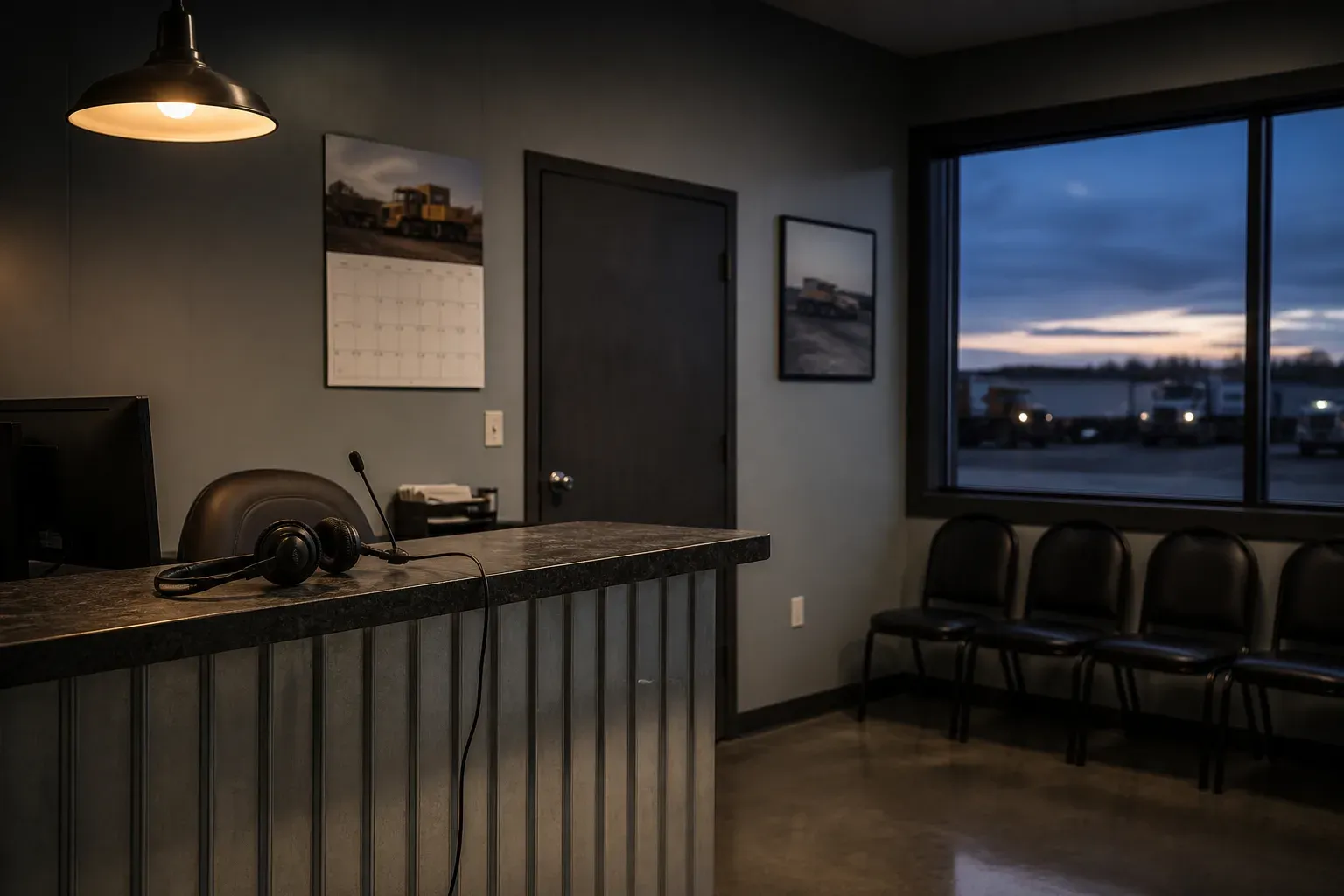 An empty contractor reception desk at dusk with a headset on the counter