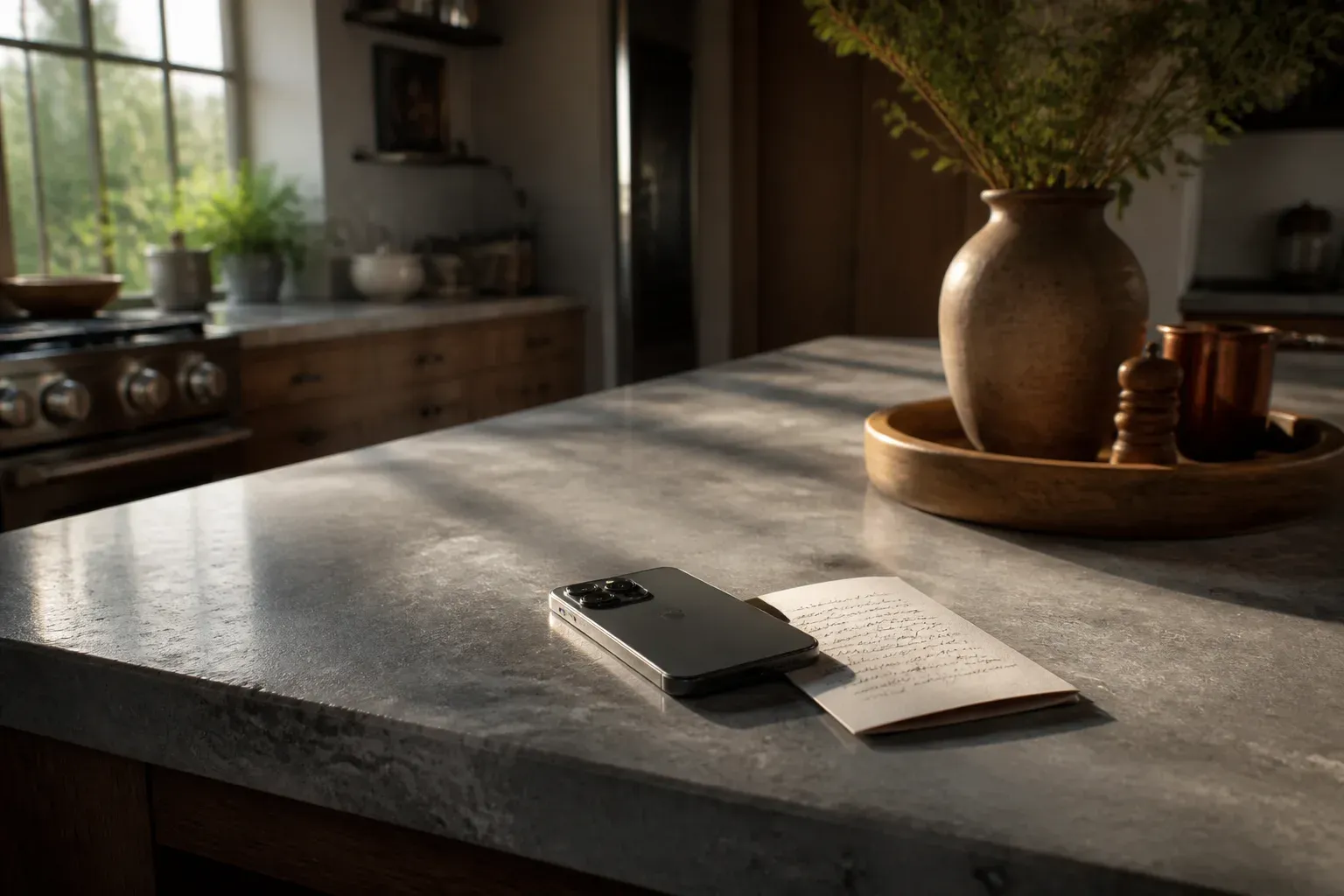 A phone face-down on a finished kitchen island next to a thank-you card