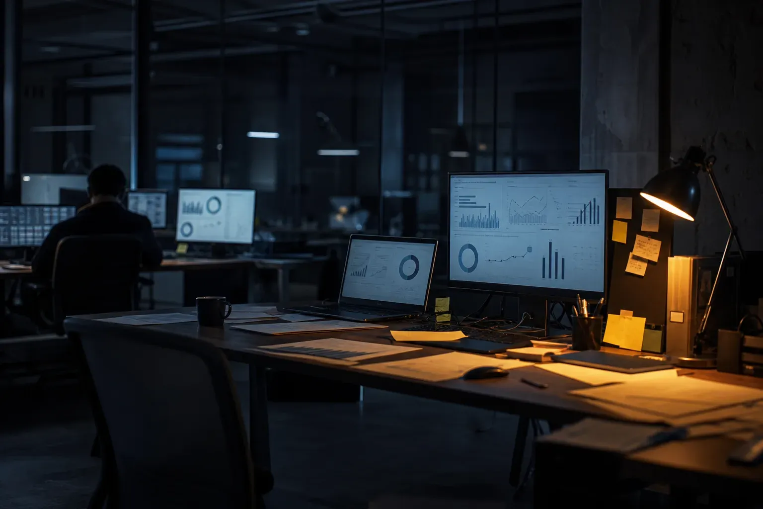 An agency desk at night with dim monitors and a warm lamp