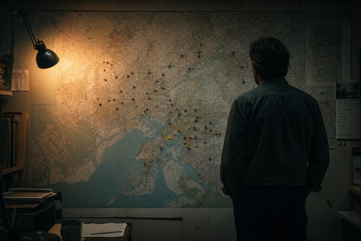 A wall map of a metro area with many small pins