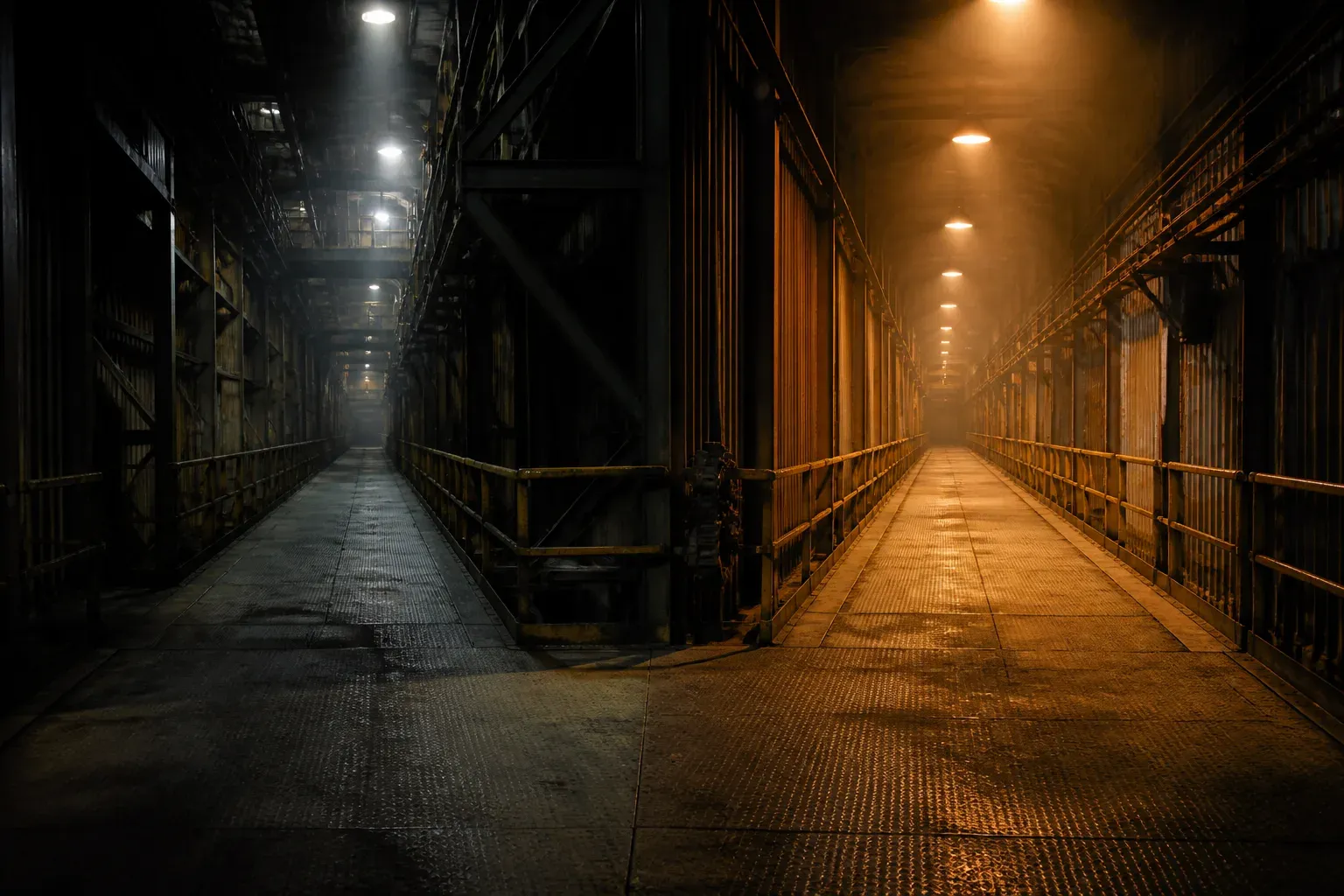 Two warehouse aisles, one lit warm and one dim